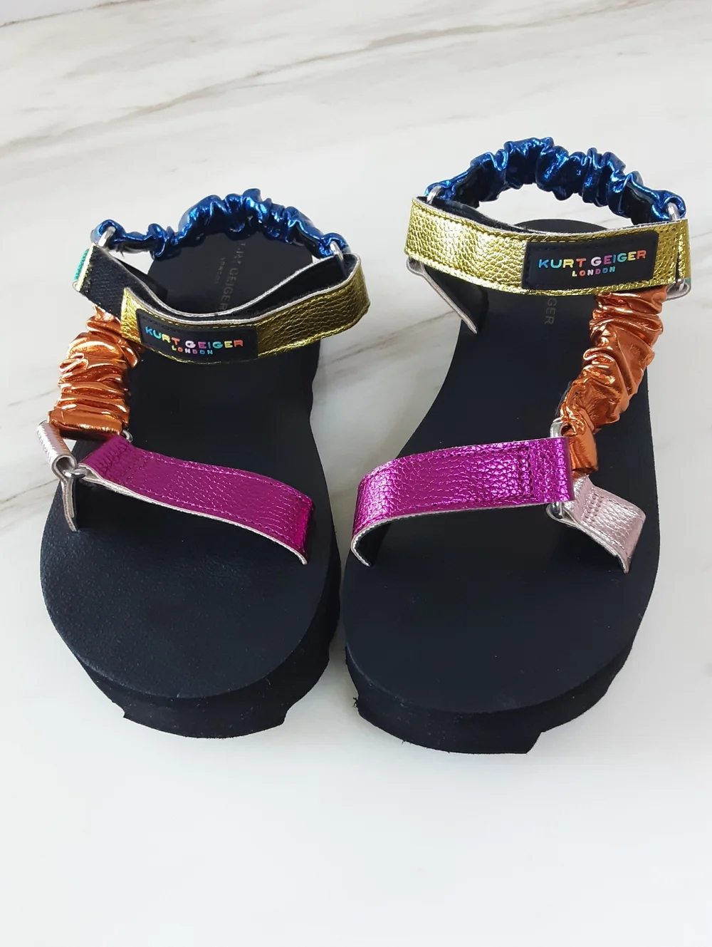 KURT GEIGER London Orion Rainbow Metallic Ruched Strap Platform Sandals Sz 6 - Picture 5 of 11